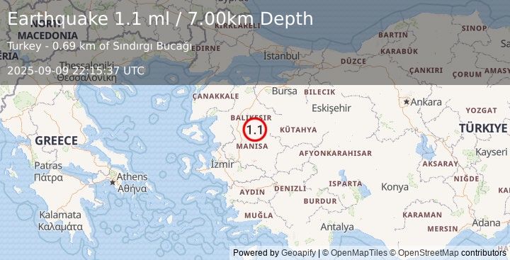 Earthquake WESTERN TURKEY (1.1 ml) (2025-09-09 22:15:37 UTC)