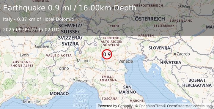 Earthquake NORTHERN ITALY (0.9 ml) (2025-09-09 22:45:02 UTC)