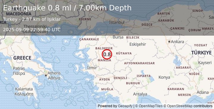 Earthquake WESTERN TURKEY (0.8 ml) (2025-09-09 22:59:40 UTC)