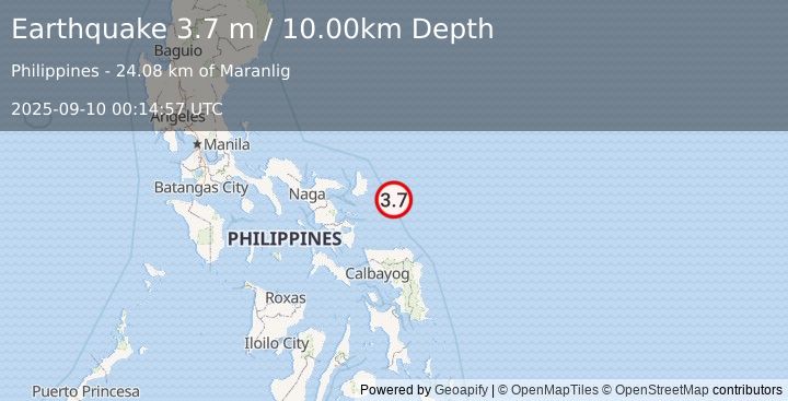 Earthquake CATANDUANES, PHILIPPINES (3.7 m) (2025-09-10 00:14:57 UTC)