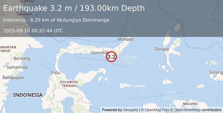 Earthquake MINAHASA, SULAWESI, INDONESIA (3.2 m) (2025-09-10 00:22:44 UTC)