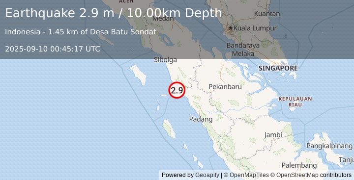 Earthquake NORTHERN SUMATRA, INDONESIA (2.9 m) (2025-09-10 00:45:17 UTC)