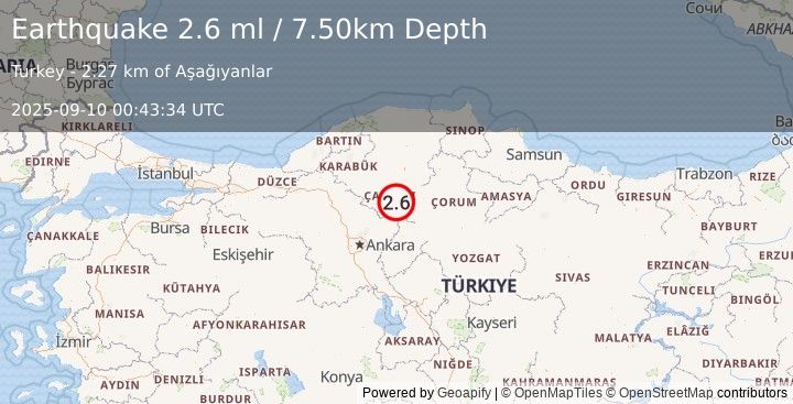 Earthquake CENTRAL TURKEY (2.6 ml) (2025-09-10 00:43:34 UTC)