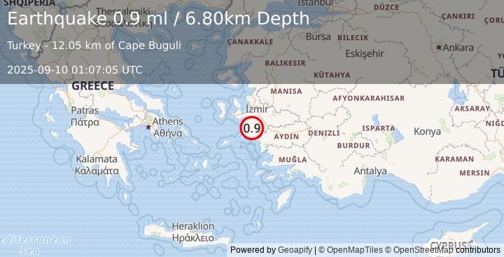 Earthquake DODECANESE ISLANDS, GREECE (0.9 ml) (2025-09-10 01:07:05 UTC)