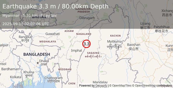 Earthquake MYANMAR-INDIA BORDER REGION (3.3 m) (2025-09-10 02:07:06 UTC)