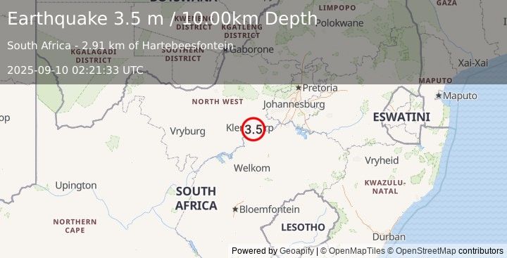 Earthquake SOUTH AFRICA (3.5 m) (2025-09-10 02:21:33 UTC)