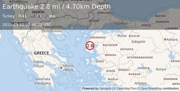 Earthquake NEAR THE COAST OF WESTERN TURKEY (2.6 ml) (2025-09-10 02:46:23 UTC)