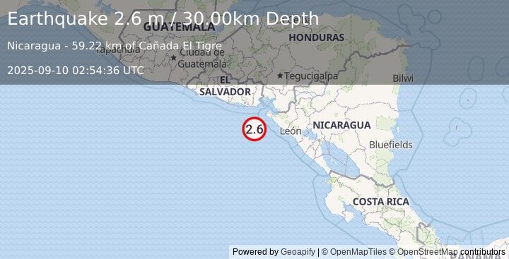 Earthquake NEAR COAST OF NICARAGUA (2.6 m) (2025-09-10 02:54:36 UTC)