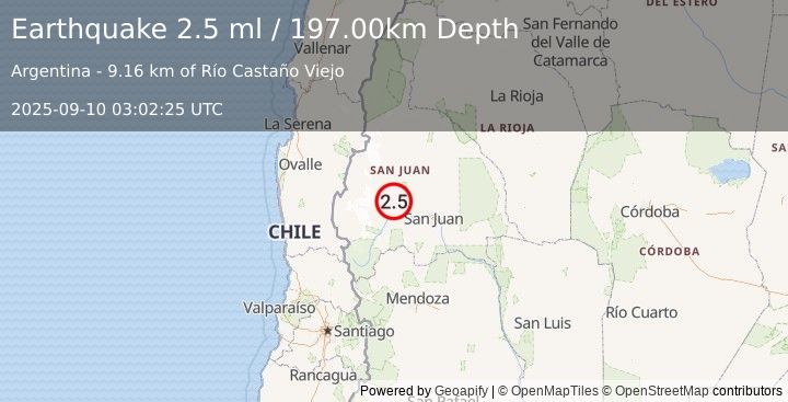 Earthquake SAN JUAN, ARGENTINA (2.5 ml) (2025-09-10 03:02:25 UTC)
