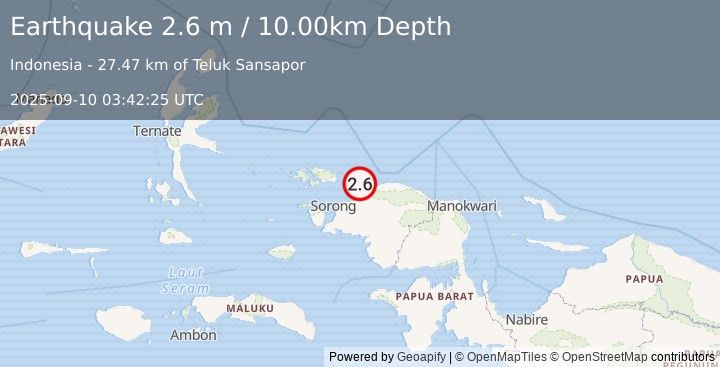 Earthquake NEAR N COAST OF PAPUA, INDONESIA (2.6 m) (2025-09-10 03:42:25 UTC)