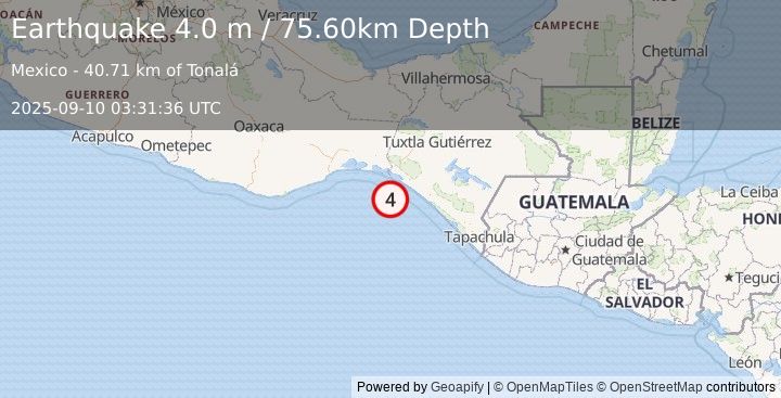 Earthquake OFFSHORE CHIAPAS, MEXICO (4.0 m) (2025-09-10 03:31:36 UTC)