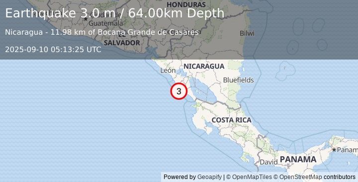 Earthquake NEAR COAST OF NICARAGUA (3.0 m) (2025-09-10 05:13:25 UTC)