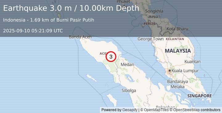 Earthquake NORTHERN SUMATRA, INDONESIA (3.0 m) (2025-09-10 05:21:09 UTC)