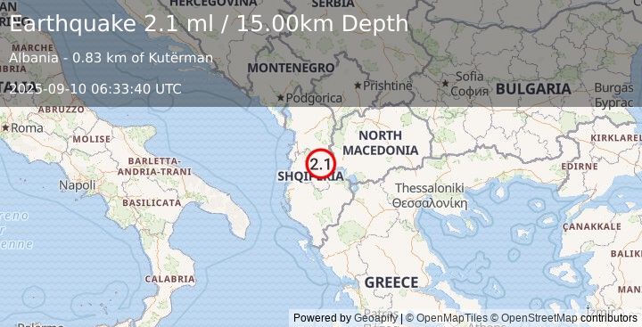 Earthquake ALBANIA (2.1 ml) (2025-09-10 06:33:40 UTC)