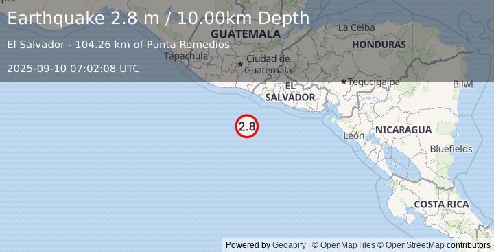Earthquake OFF THE COAST OF EL SALVADOR (2.8 m) (2025-09-10 07:02:08 UTC)