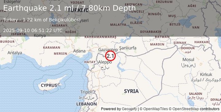 Earthquake TURKEY-SYRIA BORDER REGION (2.1 ml) (2025-09-10 06:51:22 UTC)