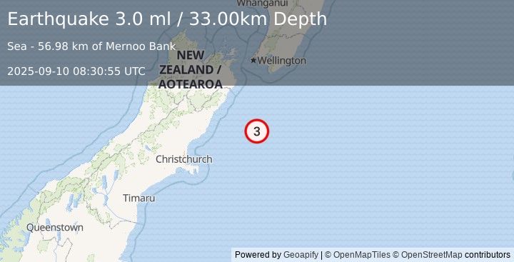 Earthquake OFF E. COAST OF S. ISLAND, N.Z. (3.0 ml) (2025-09-10 08:30:55 UTC)