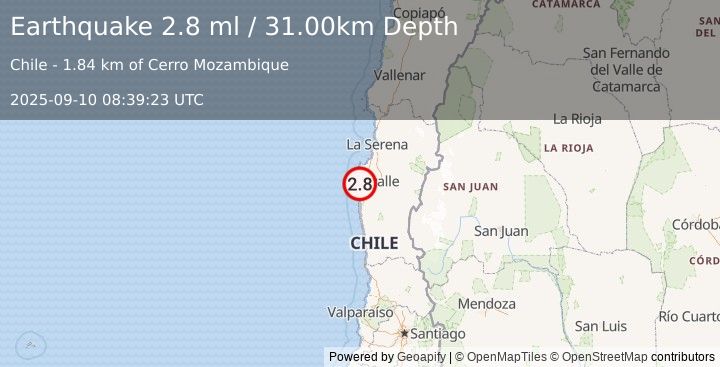 Earthquake COQUIMBO, CHILE (2.8 ml) (2025-09-10 08:39:23 UTC)