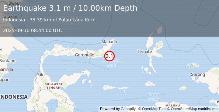 Earthquake MINAHASA, SULAWESI, INDONESIA (3.1 m) (2025-09-10 08:44:00 UTC)