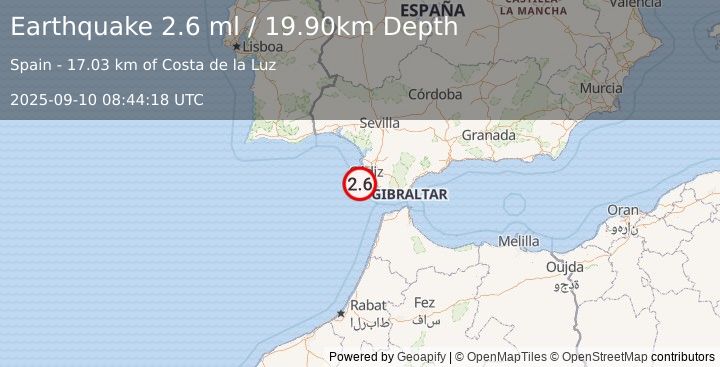 Earthquake STRAIT OF GIBRALTAR (2.6 ml) (2025-09-10 08:44:18 UTC)