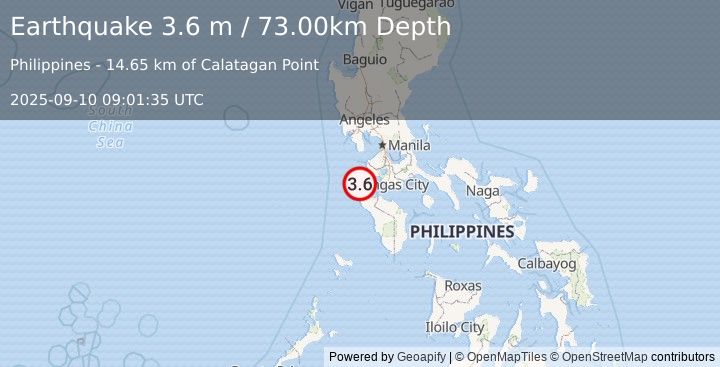 Earthquake MINDORO, PHILIPPINES (3.6 m) (2025-09-10 09:01:35 UTC)