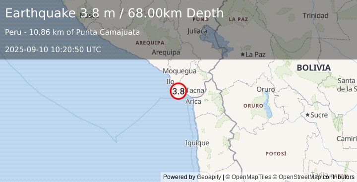 Earthquake OFFSHORE TARAPACA, CHILE (3.8 m) (2025-09-10 10:20:50 UTC)