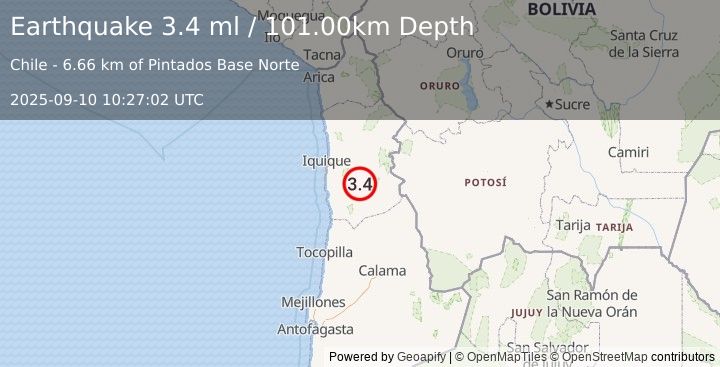 Earthquake TARAPACA, CHILE (3.4 ml) (2025-09-10 10:27:02 UTC)