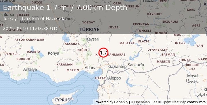 Earthquake CENTRAL TURKEY (1.7 ml) (2025-09-10 11:03:38 UTC)
