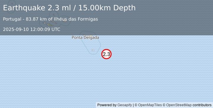 Earthquake AZORES ISLANDS REGION (2.3 ml) (2025-09-10 12:00:09 UTC)