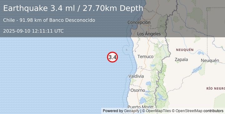 Earthquake OFF COAST OF ARAUCANIA, CHILE (3.4 ml) (2025-09-10 12:11:11 UTC)