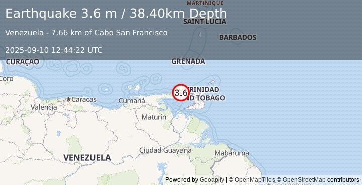 Earthquake OFFSHORE SUCRE, VENEZUELA (3.6 m) (2025-09-10 12:44:22 UTC)