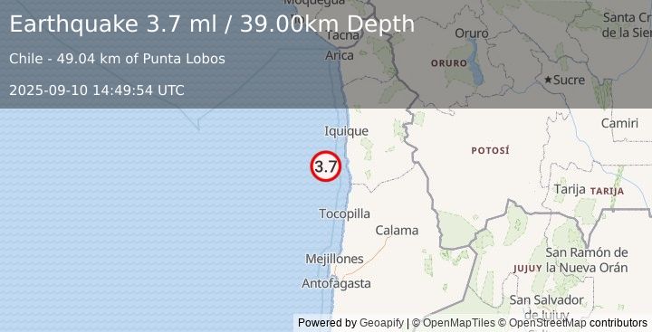 Earthquake OFFSHORE TARAPACA, CHILE (3.6 ml) (2025-09-10 14:49:56 UTC)