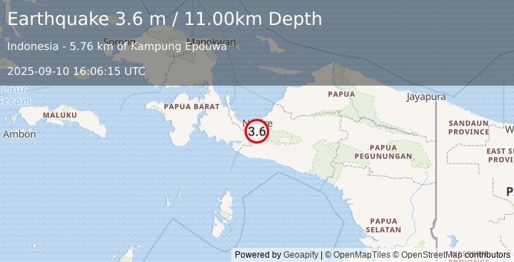 Earthquake PAPUA, INDONESIA (3.6 m) (2025-09-10 16:06:15 UTC)
