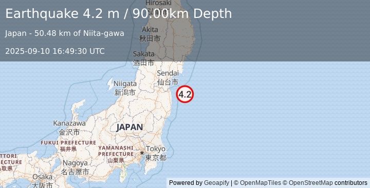 Earthquake NEAR EAST COAST OF HONSHU, JAPAN (4.2 m) (2025-09-10 16:49:30 UTC)