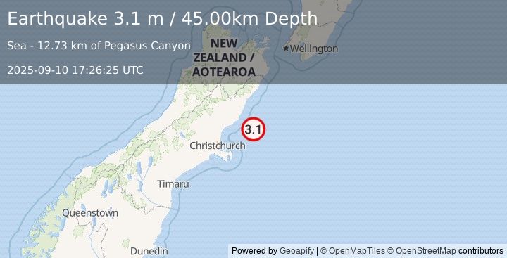 Earthquake OFF E. COAST OF S. ISLAND, N.Z. (3.1 m) (2025-09-10 17:26:25 UTC)