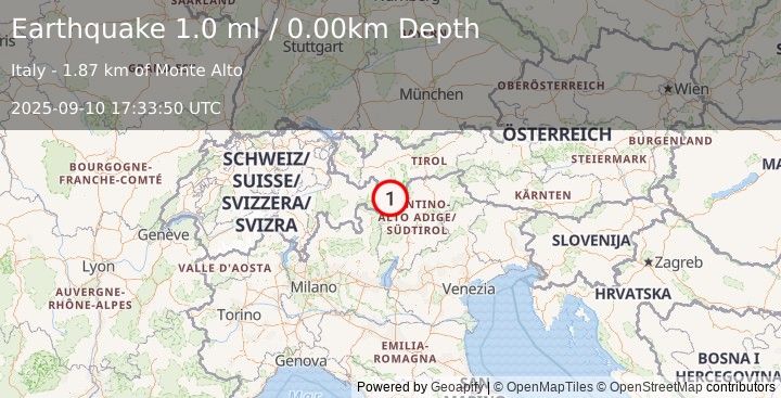Earthquake NORTHERN ITALY (1.0 ml) (2025-09-10 17:33:50 UTC)