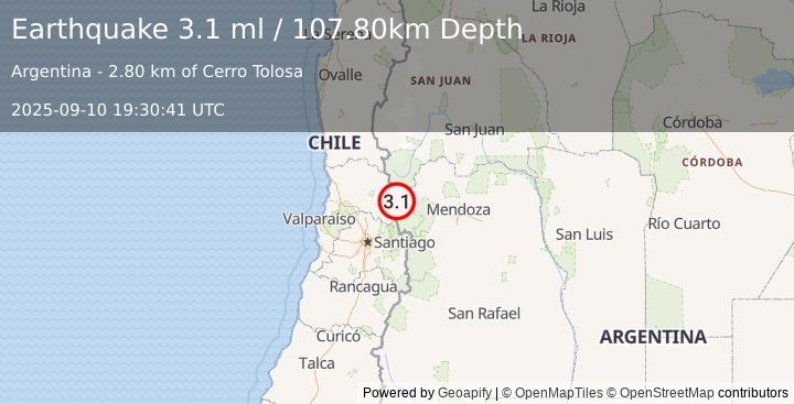 Earthquake MENDOZA, ARGENTINA (3.1 ml) (2025-09-10 19:30:41 UTC)