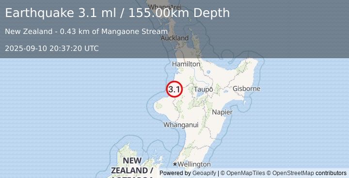 Earthquake NORTH ISLAND OF NEW ZEALAND (3.1 ml) (2025-09-10 20:37:20 UTC)