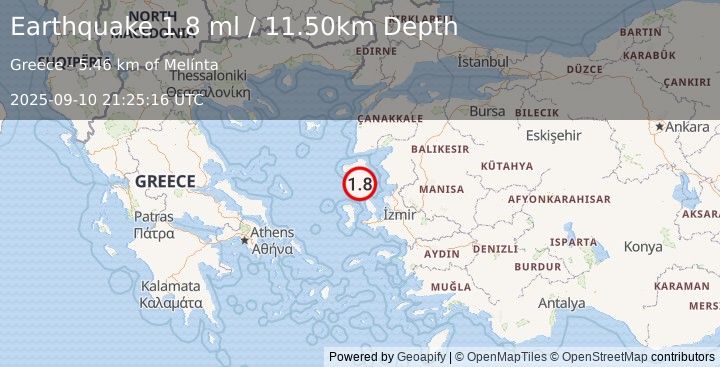 Earthquake NEAR THE COAST OF WESTERN TURKEY (1.8 ml) (2025-09-10 21:25:16 UTC)