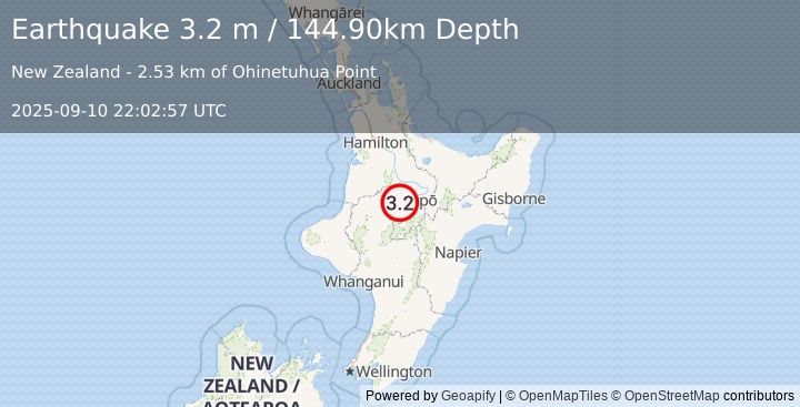 Earthquake NORTH ISLAND OF NEW ZEALAND (3.2 m) (2025-09-10 22:02:57 UTC)
