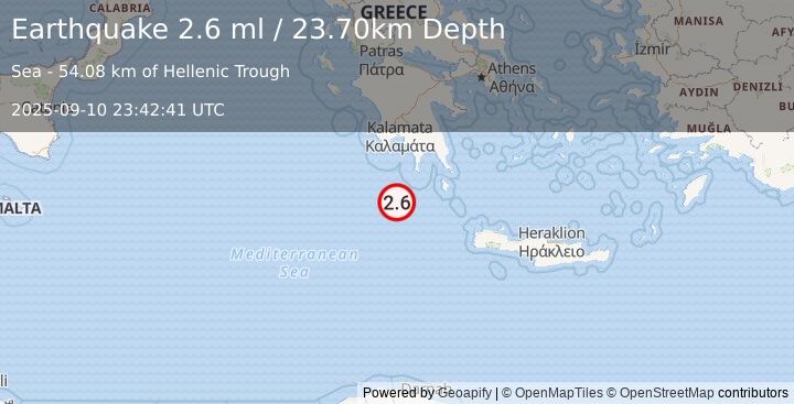Earthquake CENTRAL MEDITERRANEAN SEA (2.6 ml) (2025-09-10 23:42:41 UTC)