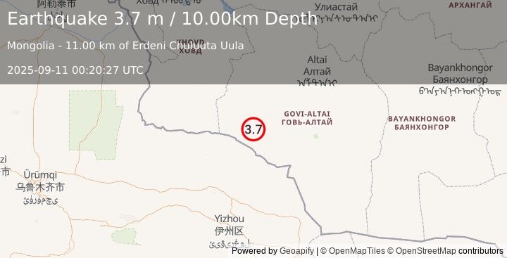 Earthquake WESTERN MONGOLIA (3.7 m) (2025-09-11 00:20:27 UTC)