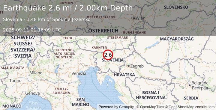 Earthquake SLOVENIA (2.6 ml) (2025-09-11 01:16:09 UTC)