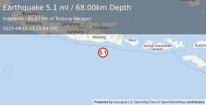 Earthquake SOUTH OF JAVA, INDONESIA (4.9 mb) (2025-09-11 03:14:58 UTC)