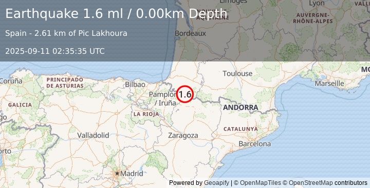 Earthquake PYRENEES (1.6 ml) (2025-09-11 02:35:35 UTC)