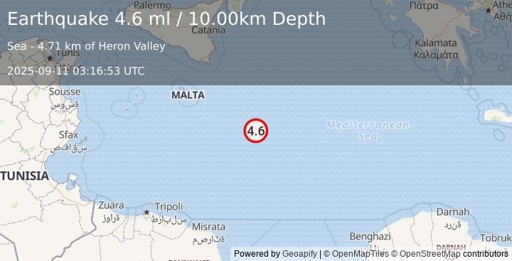 Earthquake CENTRAL MEDITERRANEAN SEA (4.6 ml) (2025-09-11 03:16:53 UTC)
