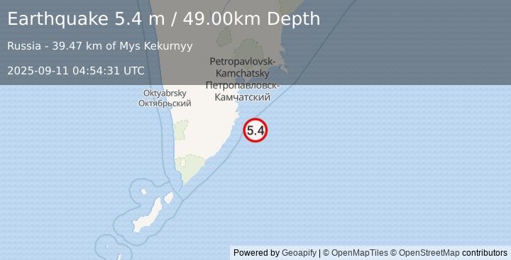 Earthquake OFF EAST COAST OF KAMCHATKA (5.3 mb) (2025-09-11 04:54:21 UTC)