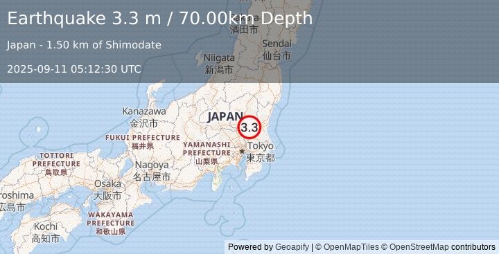 Earthquake NEAR EAST COAST OF HONSHU, JAPAN (3.3 m) (2025-09-11 05:12:30 UTC)