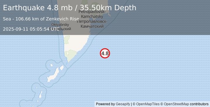 Earthquake OFF EAST COAST OF KAMCHATKA (4.8 mb) (2025-09-11 05:05:54 UTC)