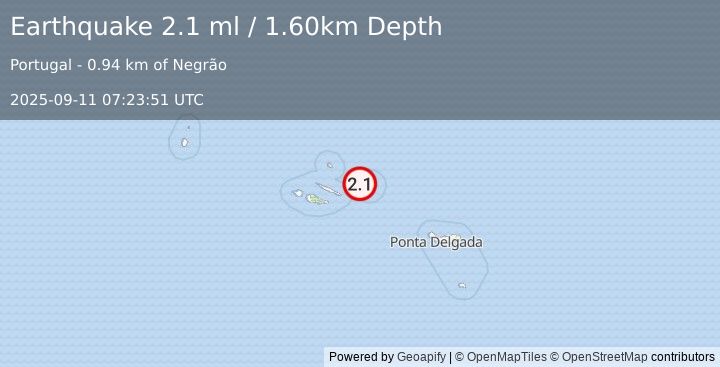 Earthquake AZORES ISLANDS, PORTUGAL (2.1 ml) (2025-09-11 07:23:51 UTC)